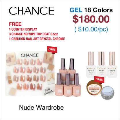 Chance Nude Wardrobe Collection 0.5oz - 18 Colors w/ 1 Counter Display, 3 Chance No Wipe Top Coat 0.5oz & 1 Cre8tion Crystal Chrome Nail Art