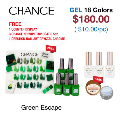 Chance Green Escape Collection 0.5oz - 18 Colors w/ 1 Counter Display, 3 Chance No Wipe Top Coat 0.5oz & 1 Cre8tion Crystal Chrome Nail Art