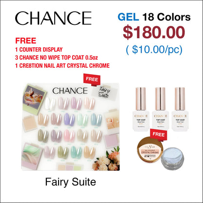 Chance Fairy Suite Collection 0.5oz - 18 Colors w/ 1 Counter Display, 3 Chance No Wipe Top Coat 0.5oz & 1 Cre8tion Crystal Chrome Nail Art