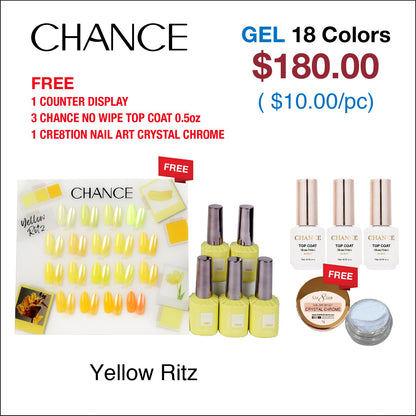 Chance Yellow Ritz Collection 0.5oz - 18 Colors w/ 1 Counter Display, 3 Chance No Wipe Top Coat 0.5oz & 1 Cre8tion Crystal Chrome Nail Art