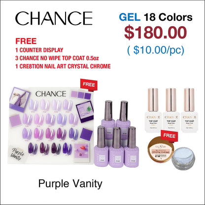 Chance Purple Vanity Collection 0.5oz - 18 Colors w/ 1 Counter Display, 3 Chance No Wipe Top Coat 0.5oz & 1 Cre8tion Crystal Chrome Nail Art