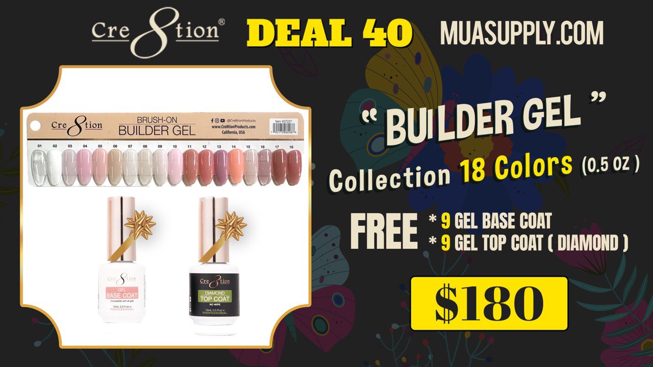 Deal 40 by Cre8tion: BUILDER GEL Collection 18 Colors  (0.5oz) FREE - 9 Gel Base coat and 9 Gel Top coat (diamond)