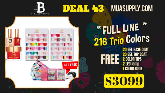 Deal 43 by Billionaire:  FULL LINE 216Trio Colors FREE - 20 Gel base coat, 20 Gel top coat, 2 color tips, 2 LED lamp and 1 Color book.