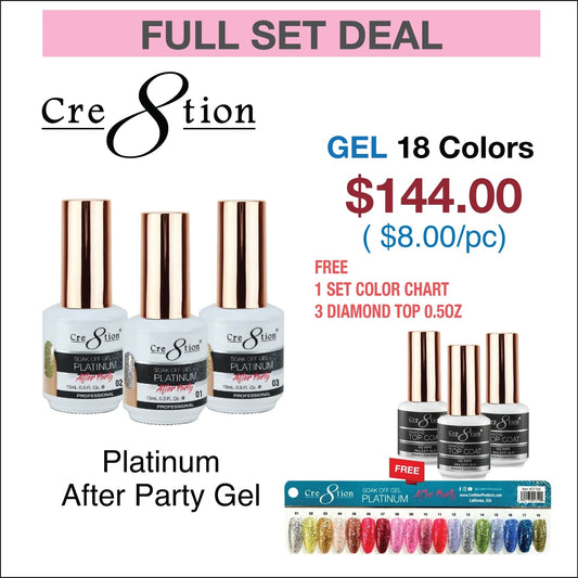 Creation Platinum After Party Gel 0.5oz - Full Set 18 colors w/ 3 Top Diamond 0.5oz & 1 Color Chart