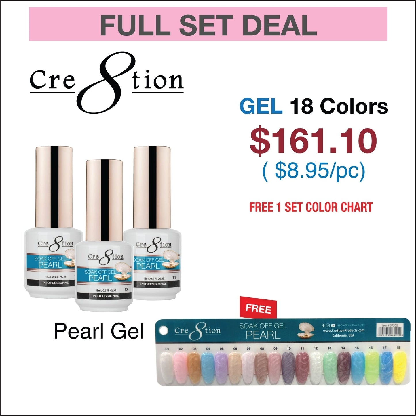 Creation Pearl Gel 0.5oz - Full Set 18 colors w/ 1 Color Chart