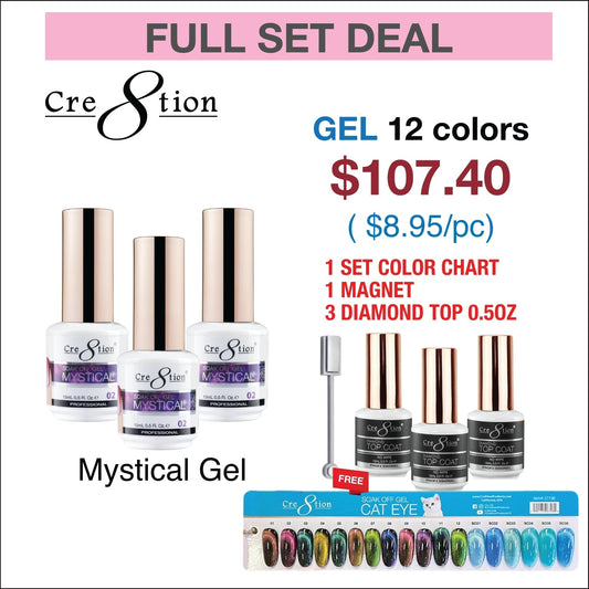 Creation Mystical Gel 0.5oz - Full Set 12 colors w/ 1 Magnet, 3 Top Diamond 0.5oz & 1 Color Chart