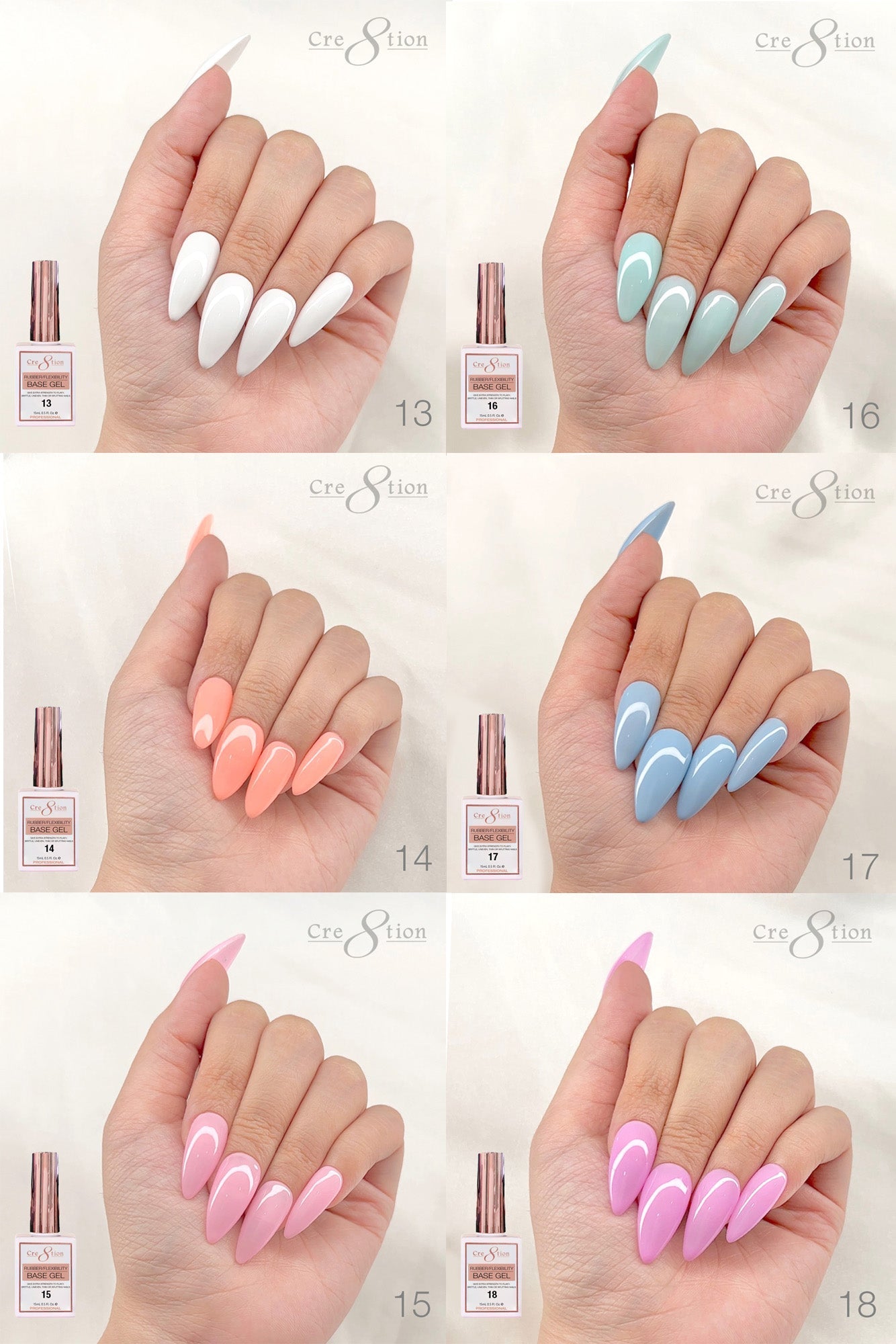 Creation Rubber/ Flexibility Base Gel 0.5oz - Full Set 18 Colors w/ 1 Color Chart