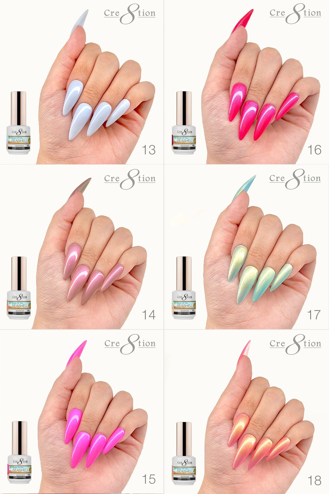 Creation SeaShell Gel 0.5oz - Full Set 18 colors w/ 3 Top Diamond 0.5oz & 1 Color Chart