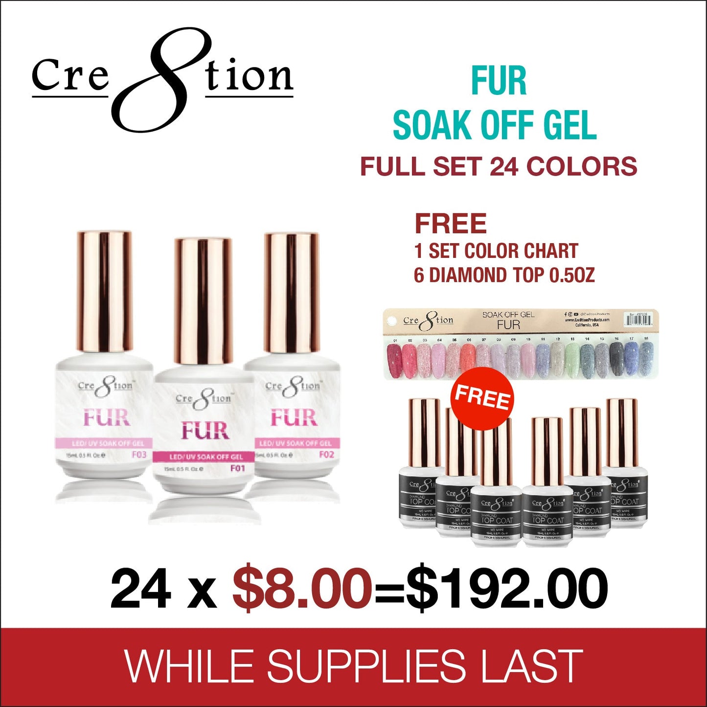 Creation - Fur Soak Off Gel Full Set 24 Colors Collection - FREE 1 Set Color Chart - 6 Diamond Top 0.5oz
