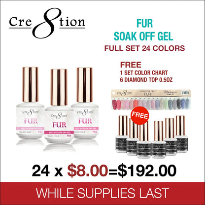 Creation - Fur Soak Off Gel Full Set 24 Colors Collection - FREE 1 Set Color Chart - 6 Diamond Top 0.5oz