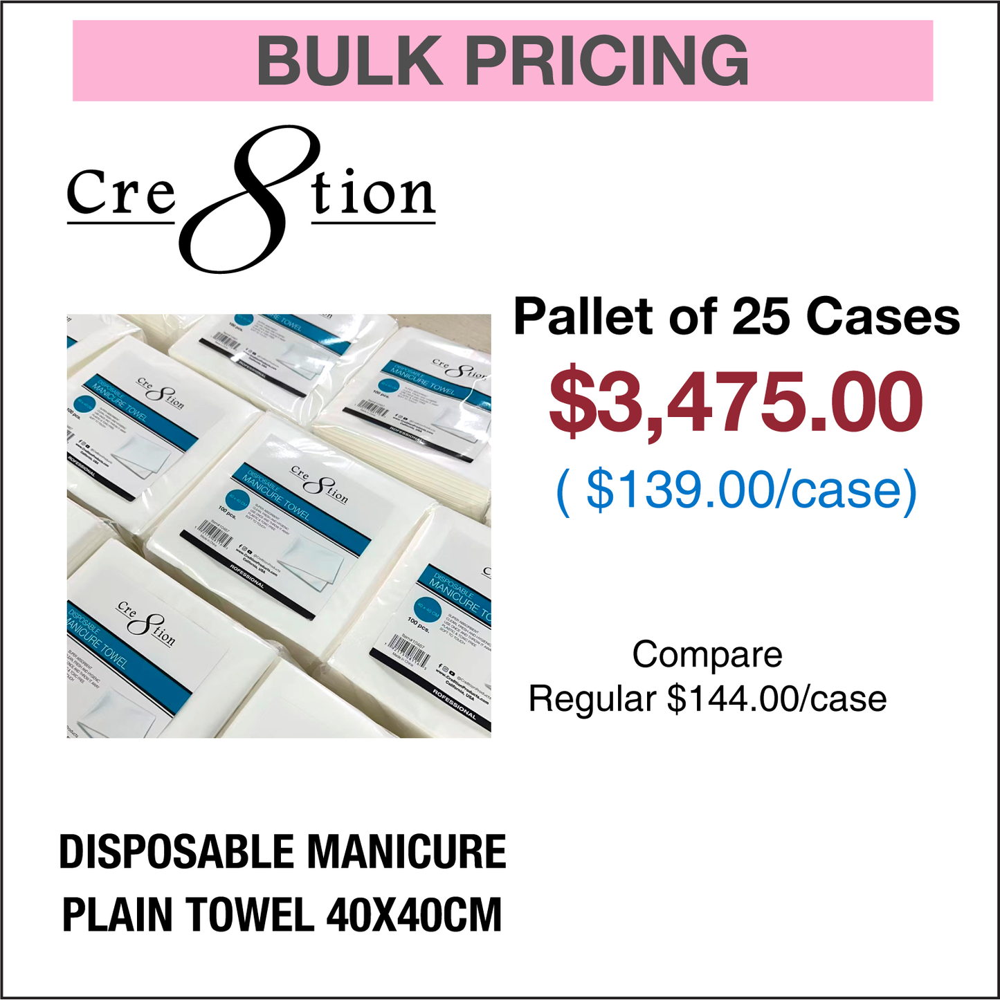 Creation Disposable Manicure Plain Towel 40x40cm - Pallet of 25 Cases