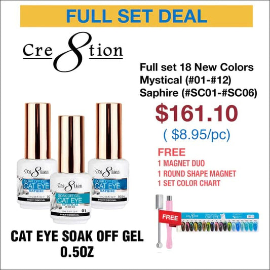 Creation Cat Eye Soak Off Gel 0.5oz - Full Set 18 Colors - Mystical Collection (#01-#12) & Saphire Cat Eye (#SC01-#SC06) w/ 1 Round Shape Magnet, 1 Magnet Duo & 1 set Color Chart
