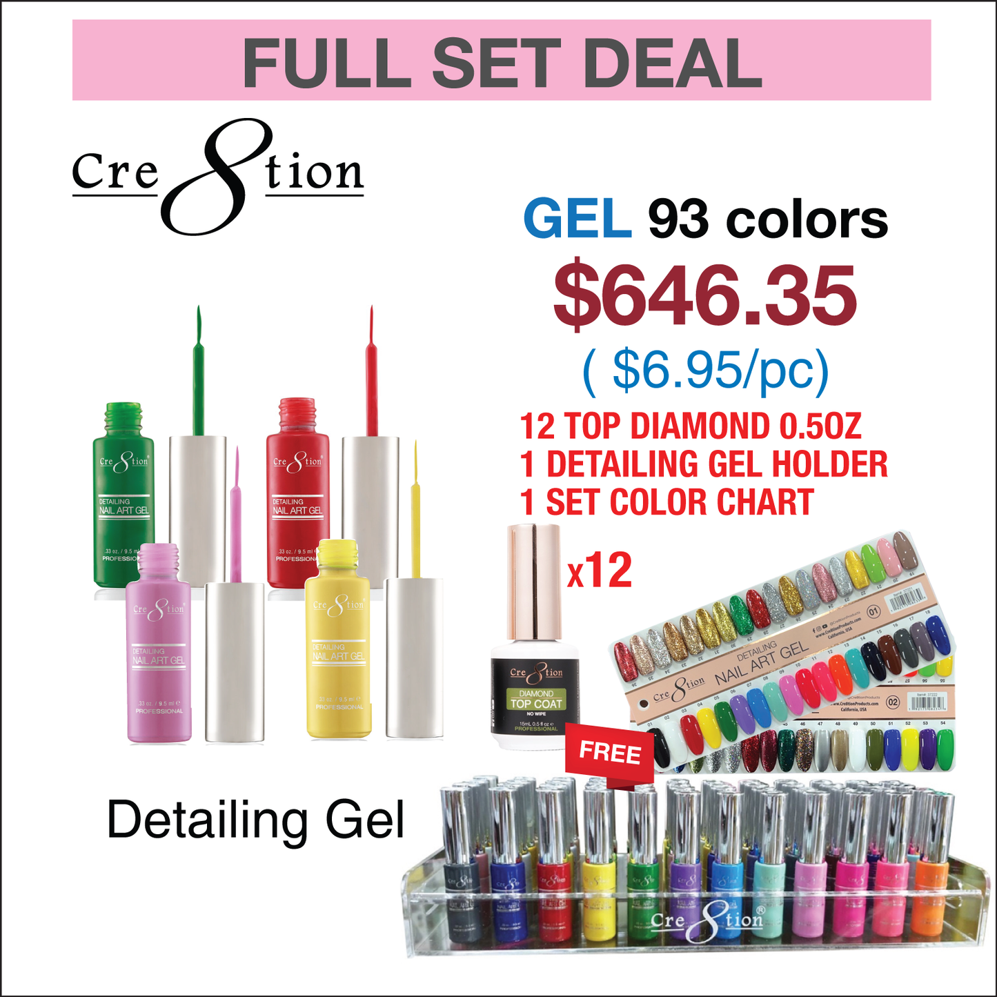 Creation Detailing Nail Art Gel - Full set 93 colors w/ 1 Set Color Chart, 12 Top Diamond 0.5oz & 1 Detailing Gel Holder