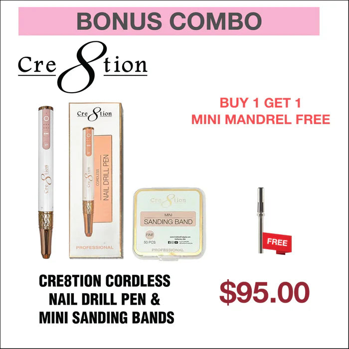 (Bonus Combo) Cre8tion Cordless Nail Drill Pen & Mini Sanding Bands - Get 1 Mini Mandrel #17728 Free F(ine)