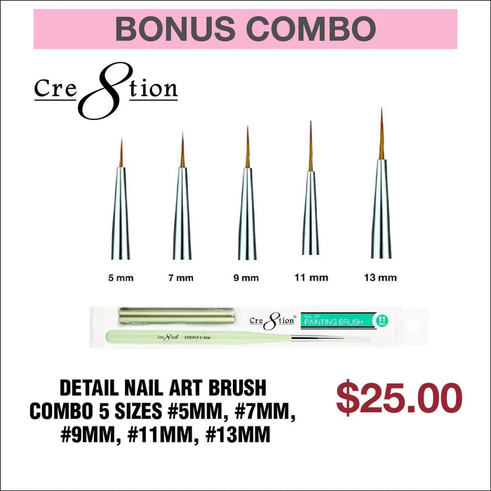 (Bonus Combo) Cre8tion Detail Nail Art Brush Combo 5 Sizes #5mm, #7mm, #9mm, #11mm, #13mm