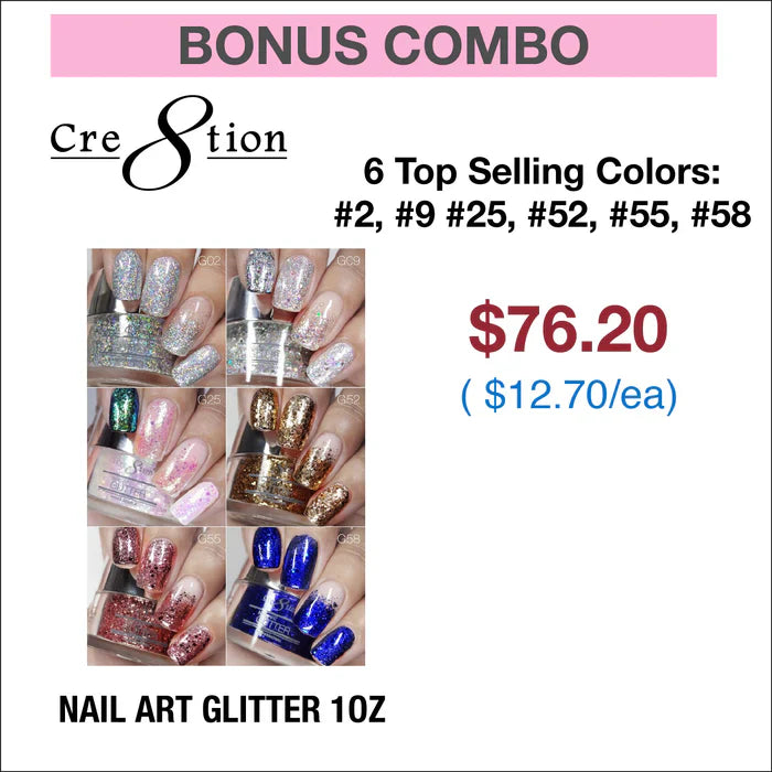 (Bonus Combo) Cre8tion Nail Art Glitter 1oz - 6 Top Selling Colors