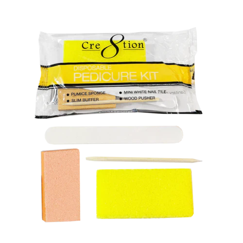 Cre8tion Disposable Kit A Pedicure: 1 Pumice Sponge, 1 Mini Nail File, 1 Wood Pusher, and 1 Slim Buffer for softer smoother feet