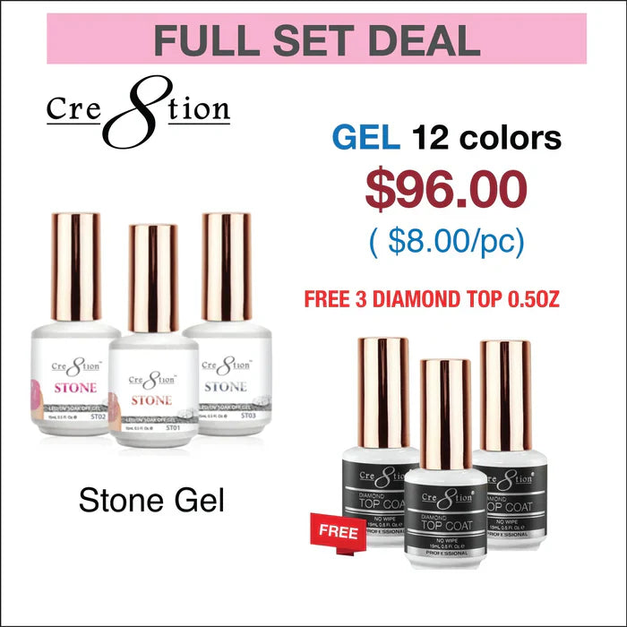 Cre8tion Stone Gel 0.5oz - Full Set 12 colors w/ 3 Top Diamond 0.5oz