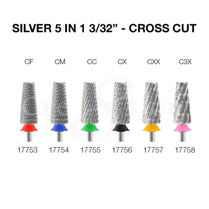 Cre8tion Silver 5 in 1 Nail Filing Bit - 3/32" Cross Cut Set