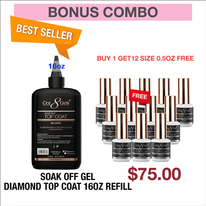 (Bonus Combo) Cre8tion Gel Diamond No Wipe Top Coat 16oz Refill - Buy 1 Get 12 Size 0.5oz Free