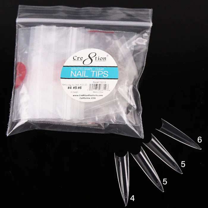 Cre8tion Shape Nail Tips - 02 Stiletto Refill Bag #4, #5, #5, #6 200 tips/bag Clear