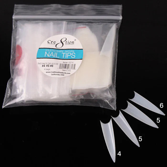 Cre8tion Shape Nail Tips - 02 Stiletto Refill Bag #4, #5, #5, #6 200 tips/bag Natural