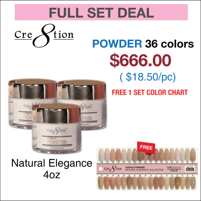 Cre8tion Natural Elegance Powder - Full Set w/ 1 set Color Chart (36 Colors - 4oz)