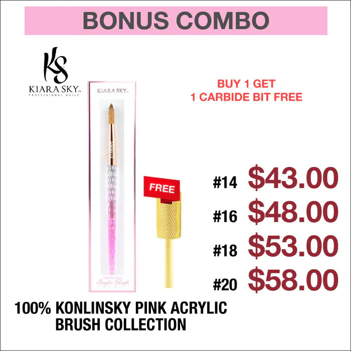 (Bonus Combo) Kiara Sky - 100% Konlinsky Pink Acrylic Brush Collection - Buy 1 Get 1 Carbide Bit Free #CF 17009 -# 20