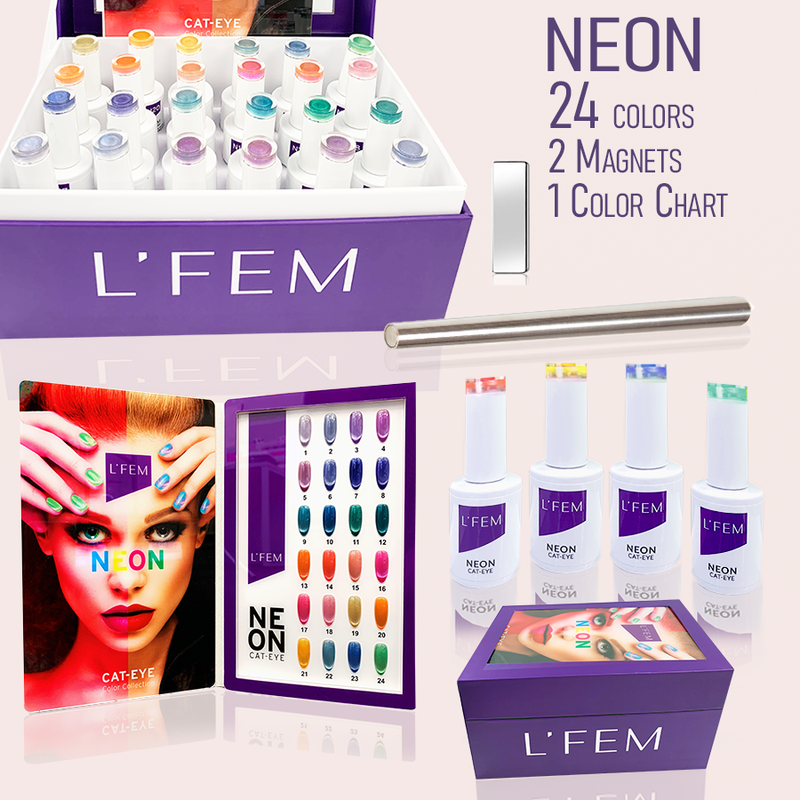 L'Fem Neon Cat Eye Gel Kit - 24 colors, 2Magnet, 1 Sample Tip