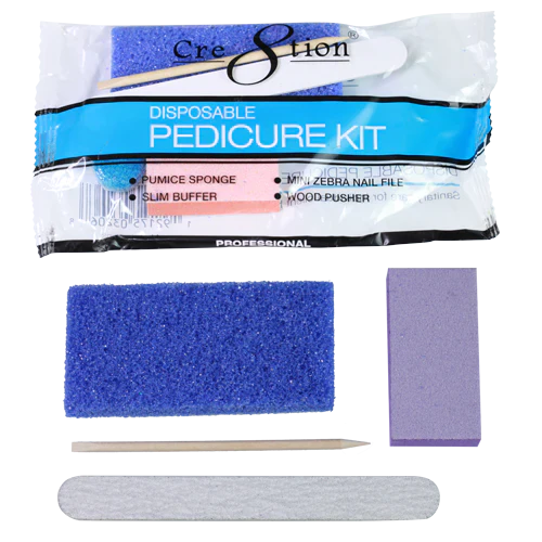 Cre8tion Disposable Kit C Pedicure: 1 Slim Buffer, 1 Blue Pumice Sponge, 1 Mini Zebra Nail File, 1 Wood Pusher