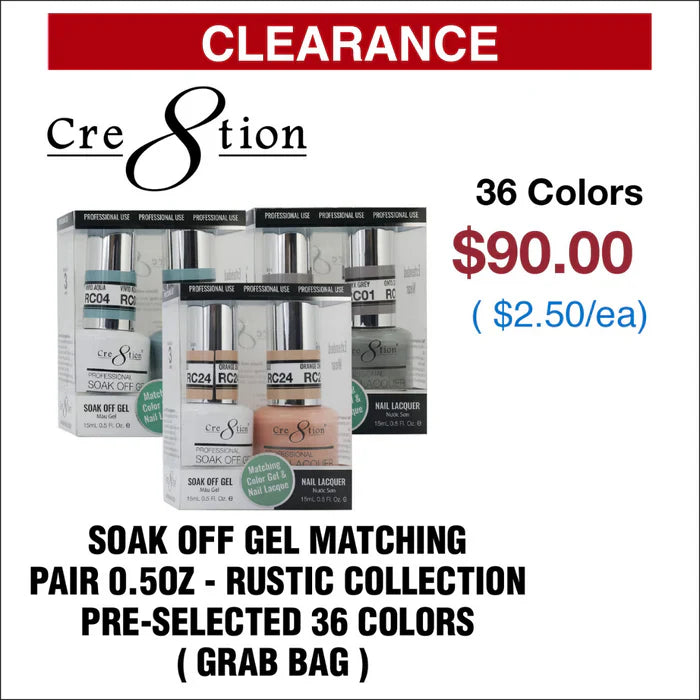 Cre8tion Soak Off Gel Matching Pair 0.5oz - Rustic Collection  - Pre-selected 36 colors (Grab Bag)