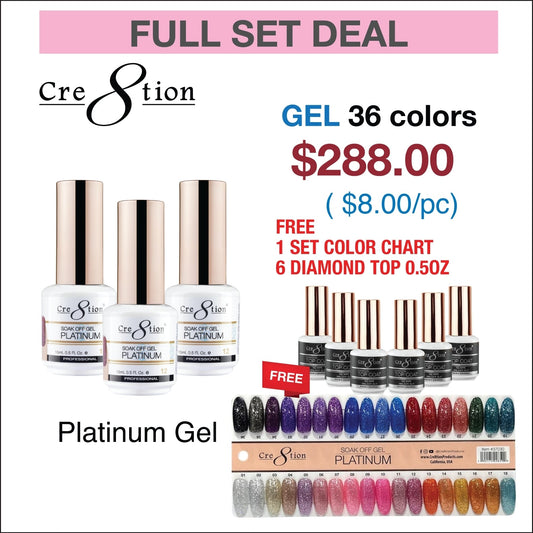 Creation Platinum Gel 0.5oz - Full Set 36 colors w/ 6 Top Diamond 0.5oz & 1 Color Chart