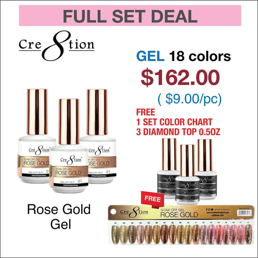 Creation Rose Gold Gel 0.5oz - Full Set 18 colors w/ 3 Top Diamond 0.5oz & 1 Color Chart